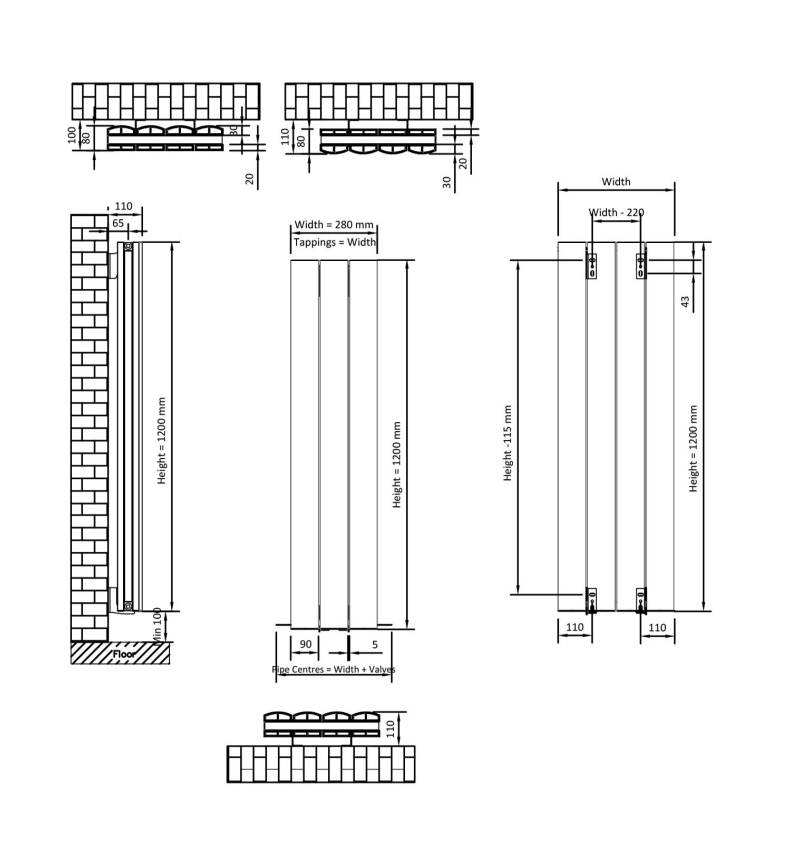 Eastbrook Guardia radiator 30x120cm aluminium 960W antraciet