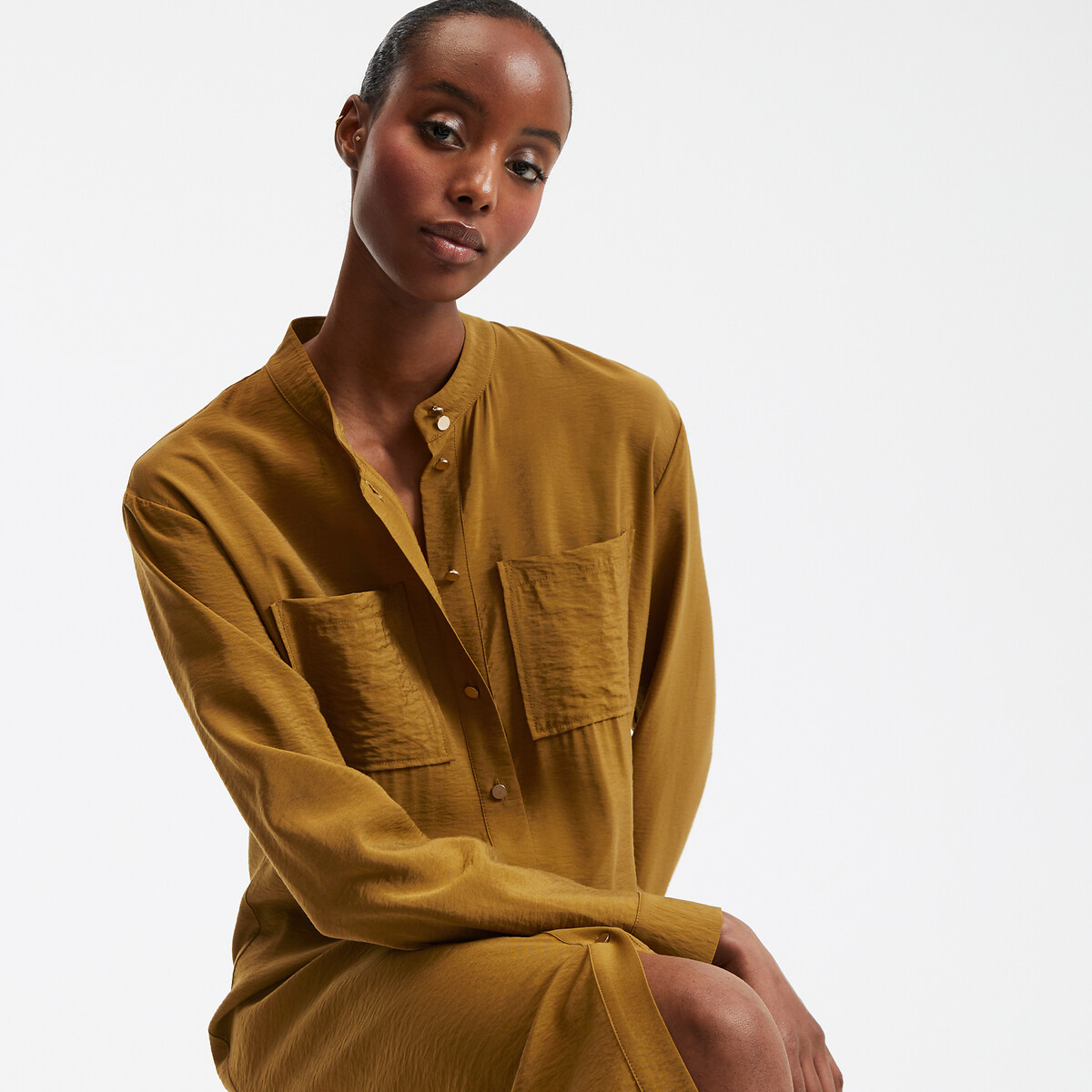 COLEÇÃO LA REDOUTE<br>Vestido longo reto com cinto e gola mandarim