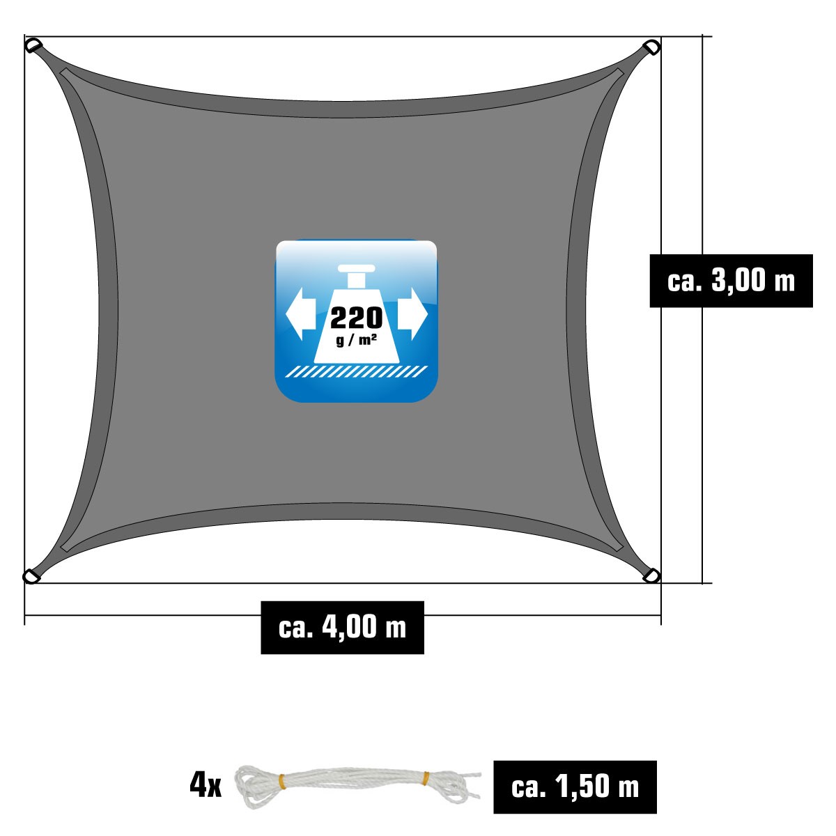 AMANKA 4 x 3 HDPE schaduwdoek - Grey