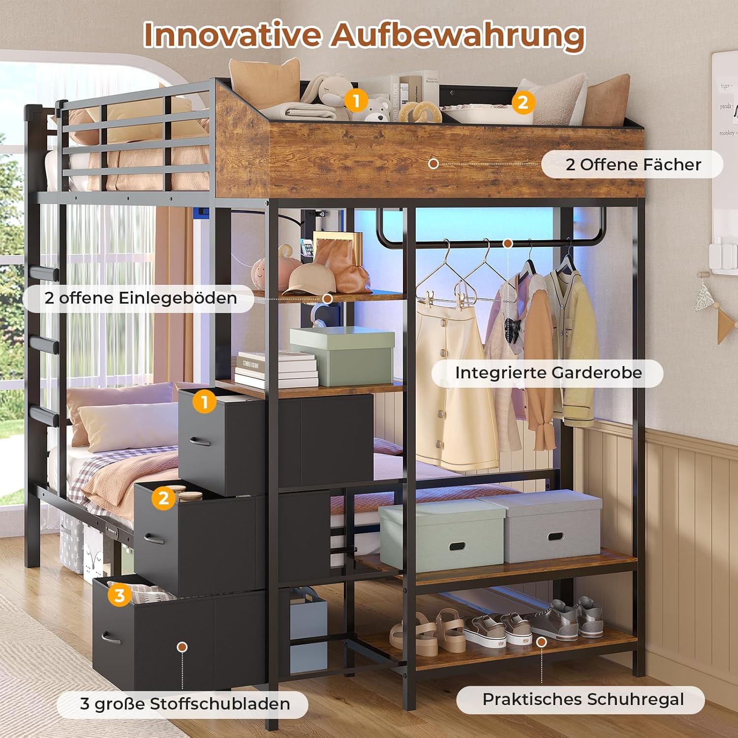 AOGLLATI Hochbett 90x200cm mit LED Beleuchtung und Ladestation Kinderbett 90x200 mit Treppe und Rausfallschutz Platzsparendes Kinder Etagenbett Jugendbett mit Garderobenständer und Stauraum