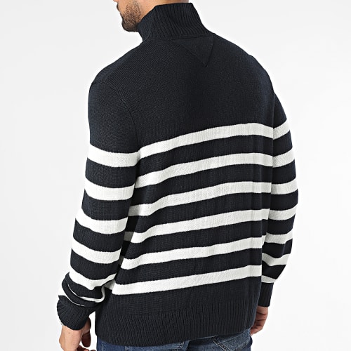 Pull Col Zippé Colorblock 6790 Bleu Marine Blanc