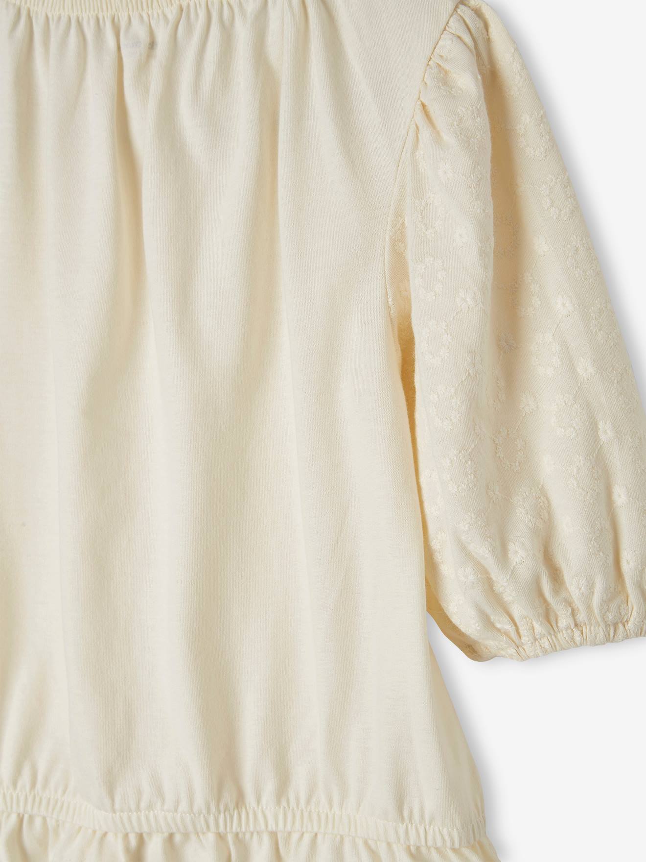 Blusa camiseta com bordado floral, para meninas, cor off-white