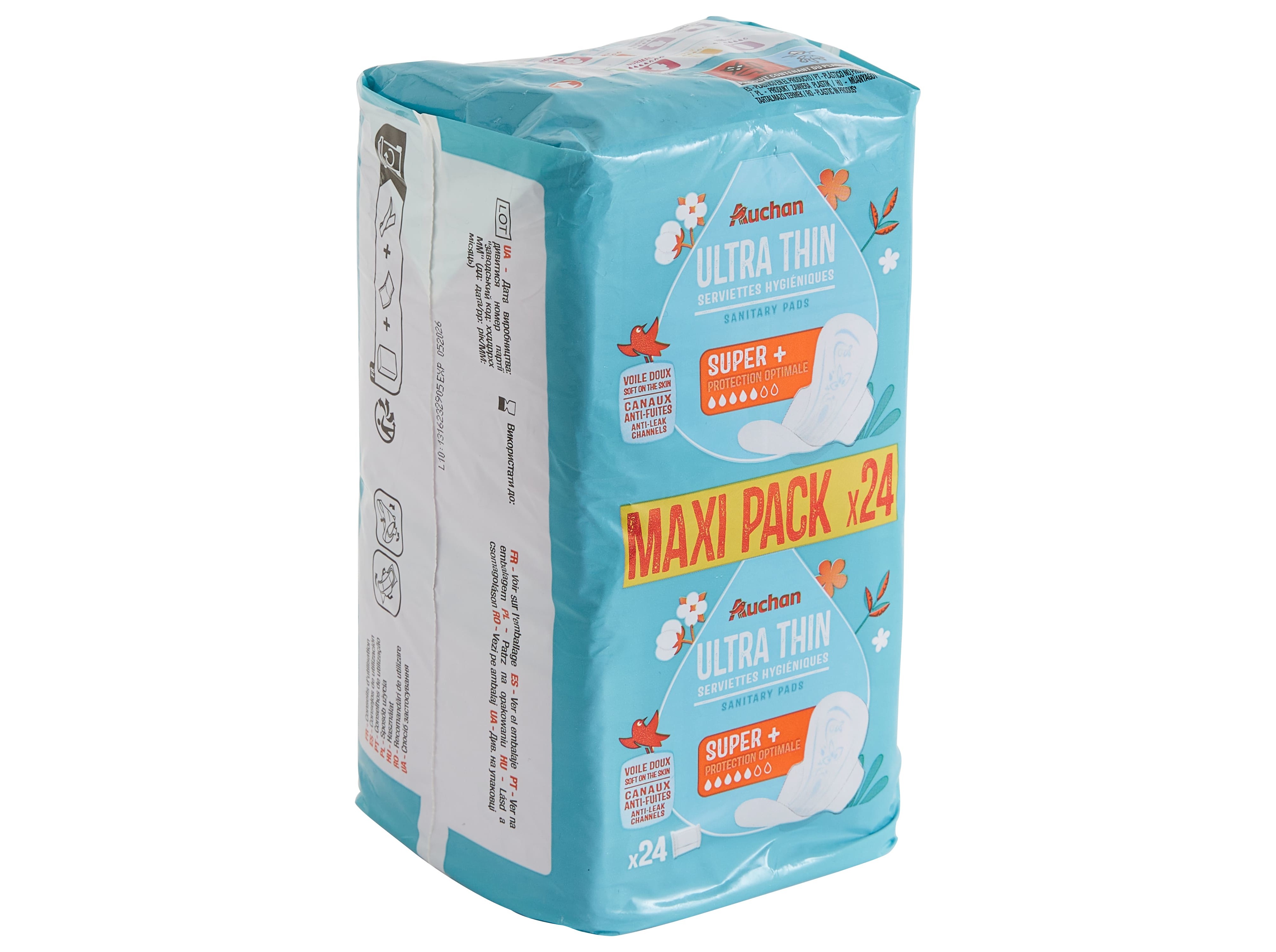 PENSOS HIGIÉNICOS AUCHAN ULTRA FINOS SUPER C/ABAS BOLSA MAXI PACK 24UN