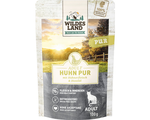 WILDES LAND Kip PURE natvoer voor katten met distelolie en waardevolle superfoods, graanvrij, glutenvrij, 100 g