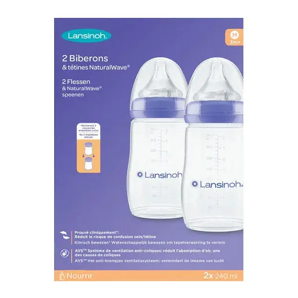 Lansinoh Momma Biberon avec Tétine NaturalWave Débit Moyen Lot de 2 x 240ml
