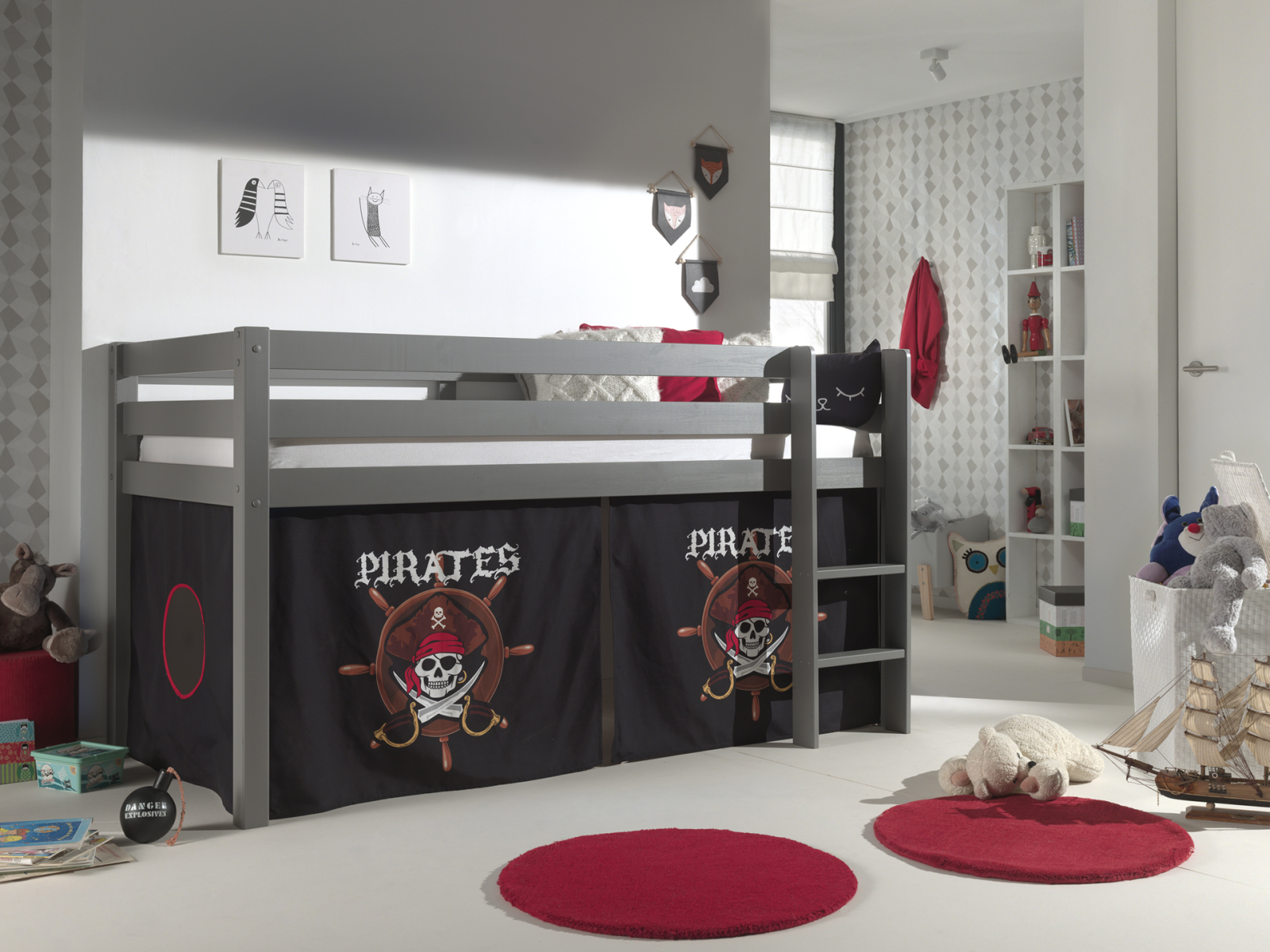 Hochbett PINO Pirates - grau Kiefer Massivholz - Vorhang - 90x200 cm
