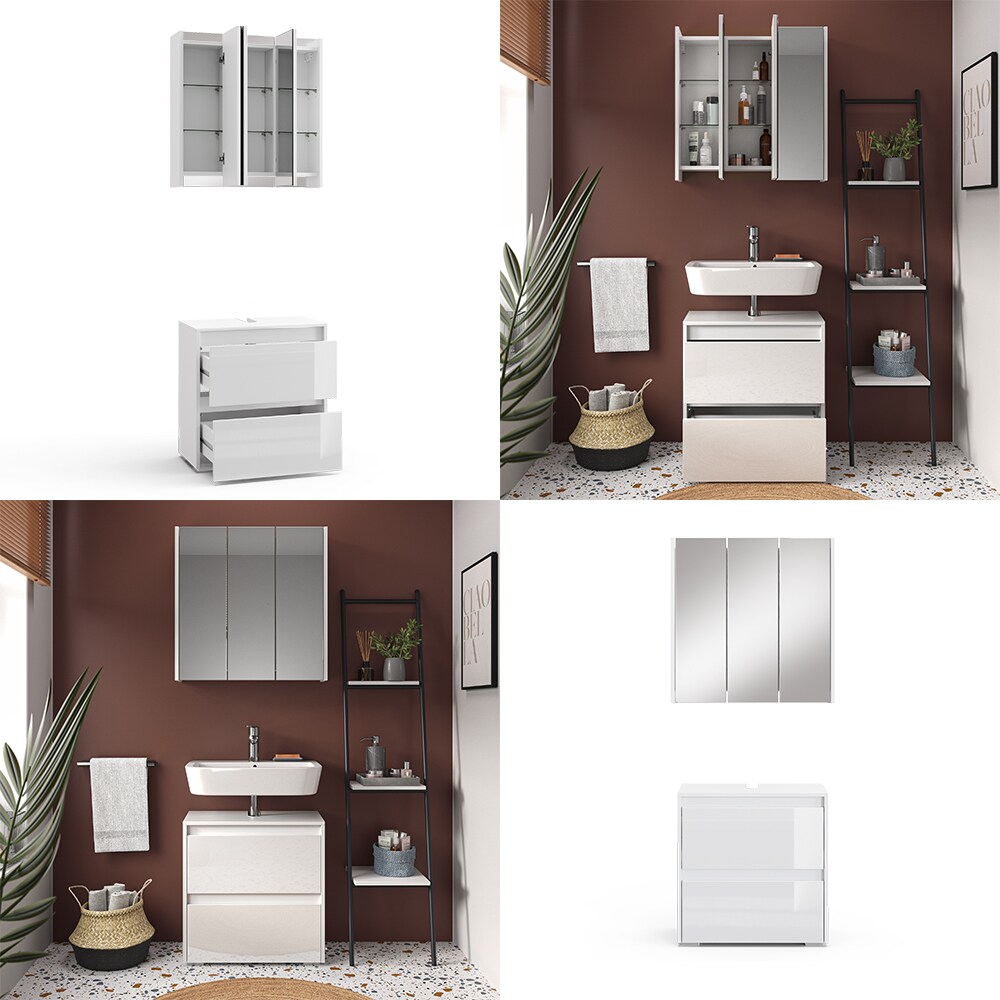 Vicco Badmöbel-Set Badezimmer-Möbel Bad-Schrank Majest Weiß Hochglanz modern Badezimmerschrank Waschbeckenunterschrank Spiegelschrank Schranktür Schrankfach Schrankschublade