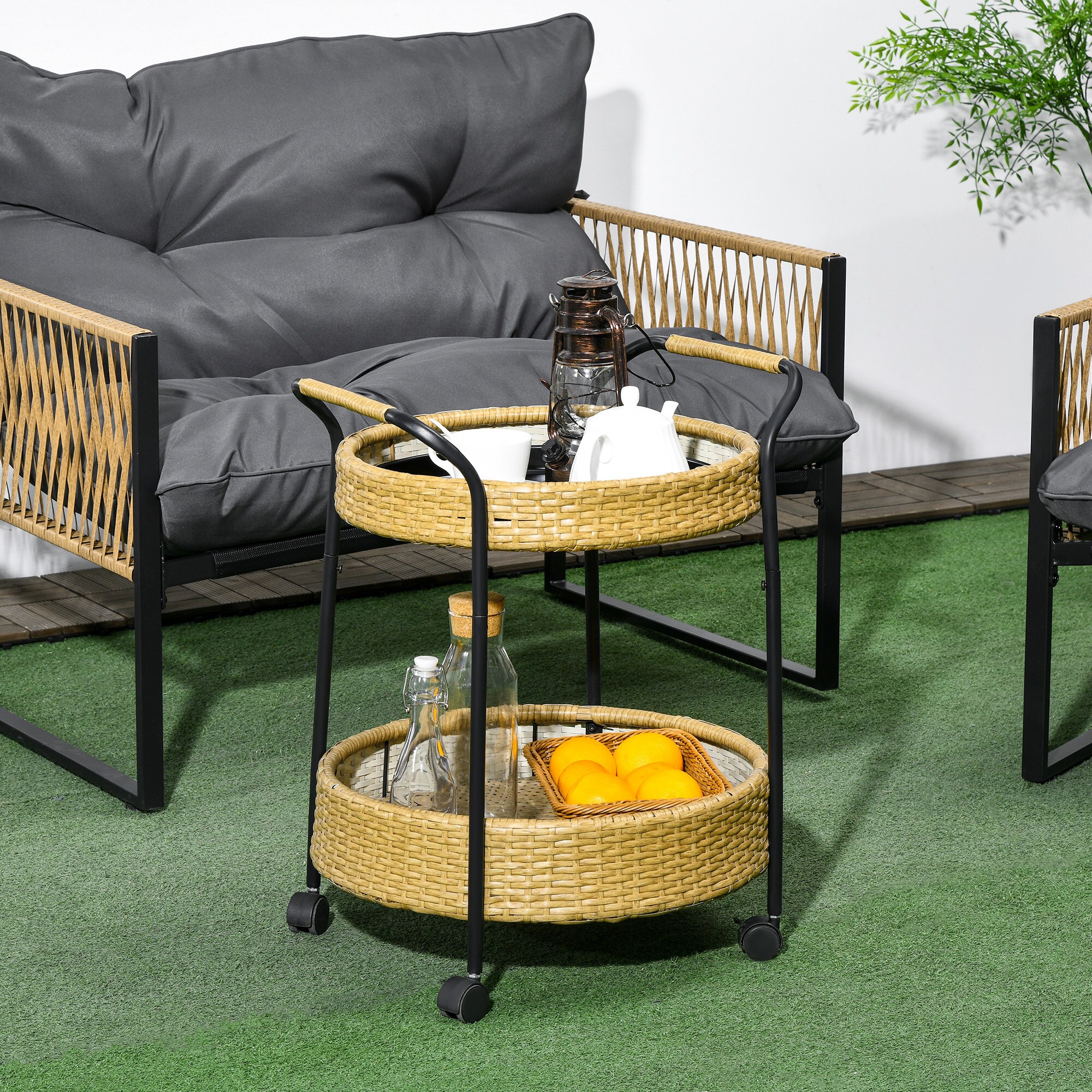 Outsunny Servierwagen mit 2 Flechtkorbebenen gelb Ø50 x 66Hcm