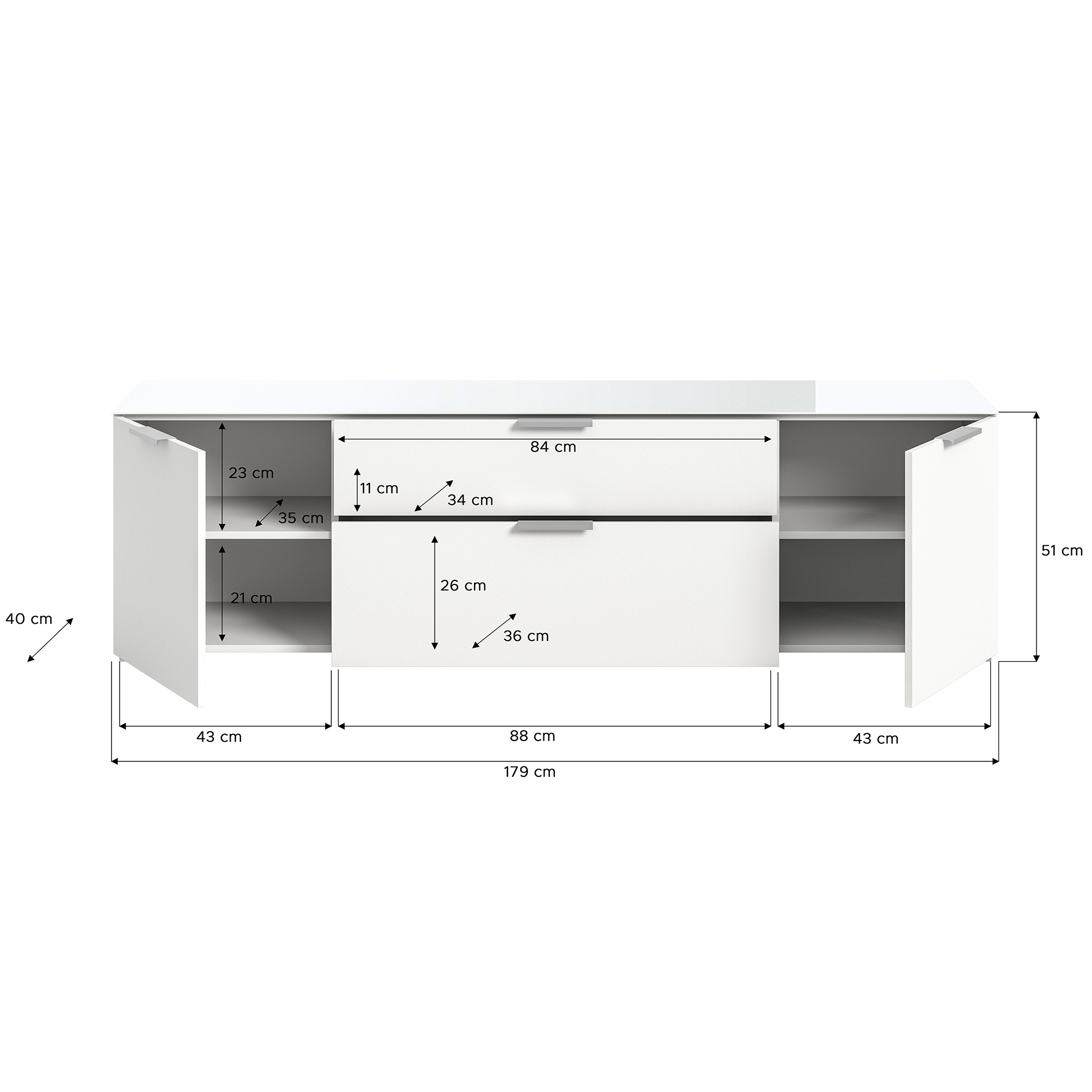 Kommode RAY - weiß - Glasplatte - 179 cm