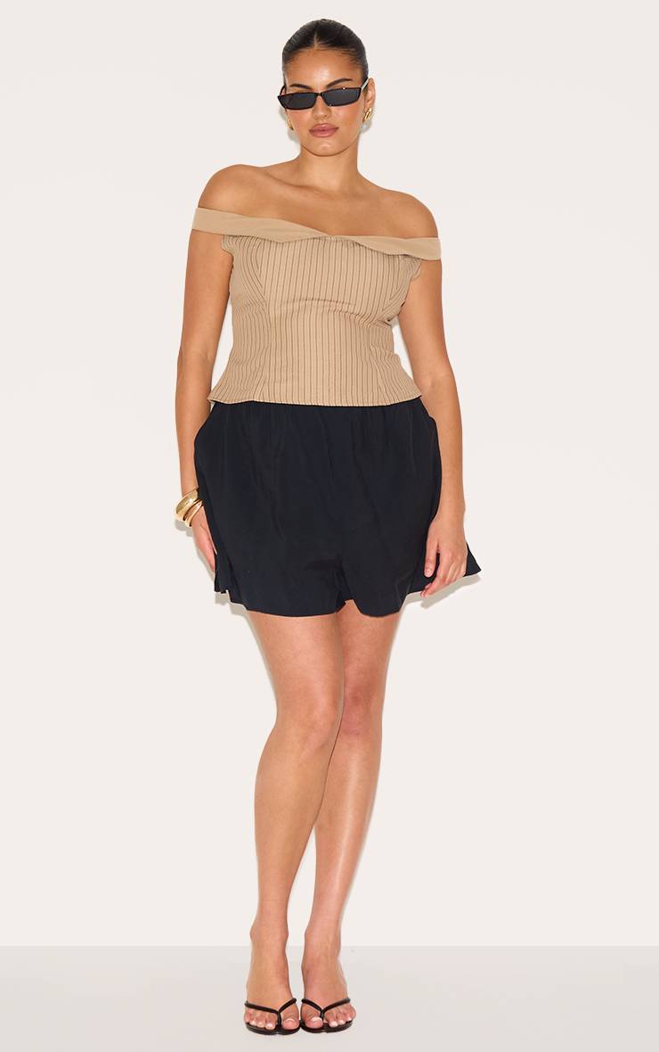 Marron Haut Long Bardot Rayé Grande Taille Effet Peau De Pêche