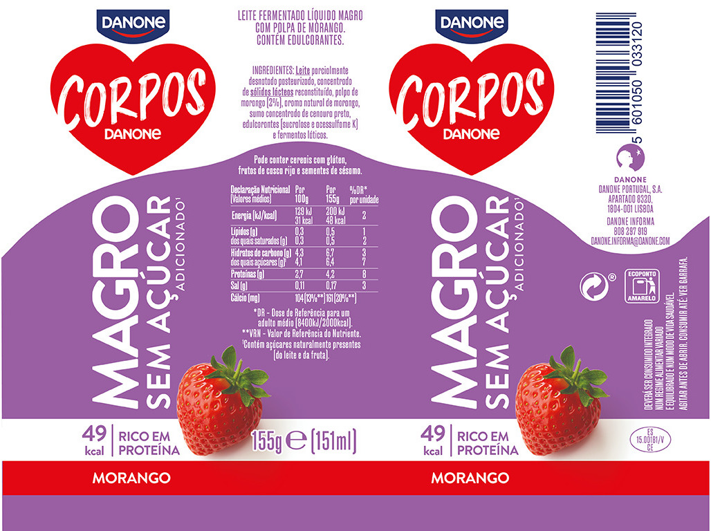 IOGURTE CORPOS DANONE MAGRO LÍQUIDO MORANGO 4X155G
