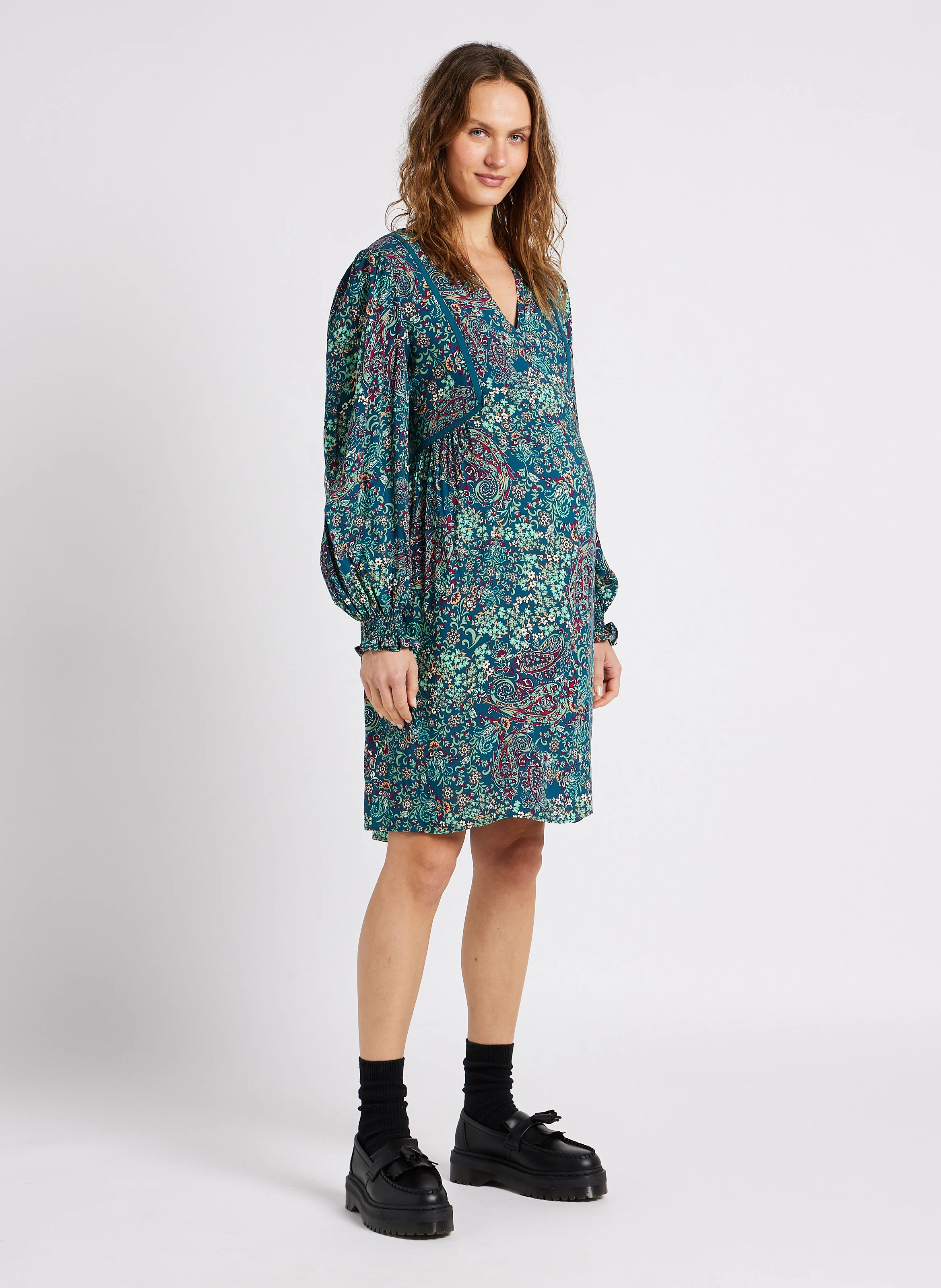 MARJORIE - Robe de grossesse col tunisien imprimée | Vert