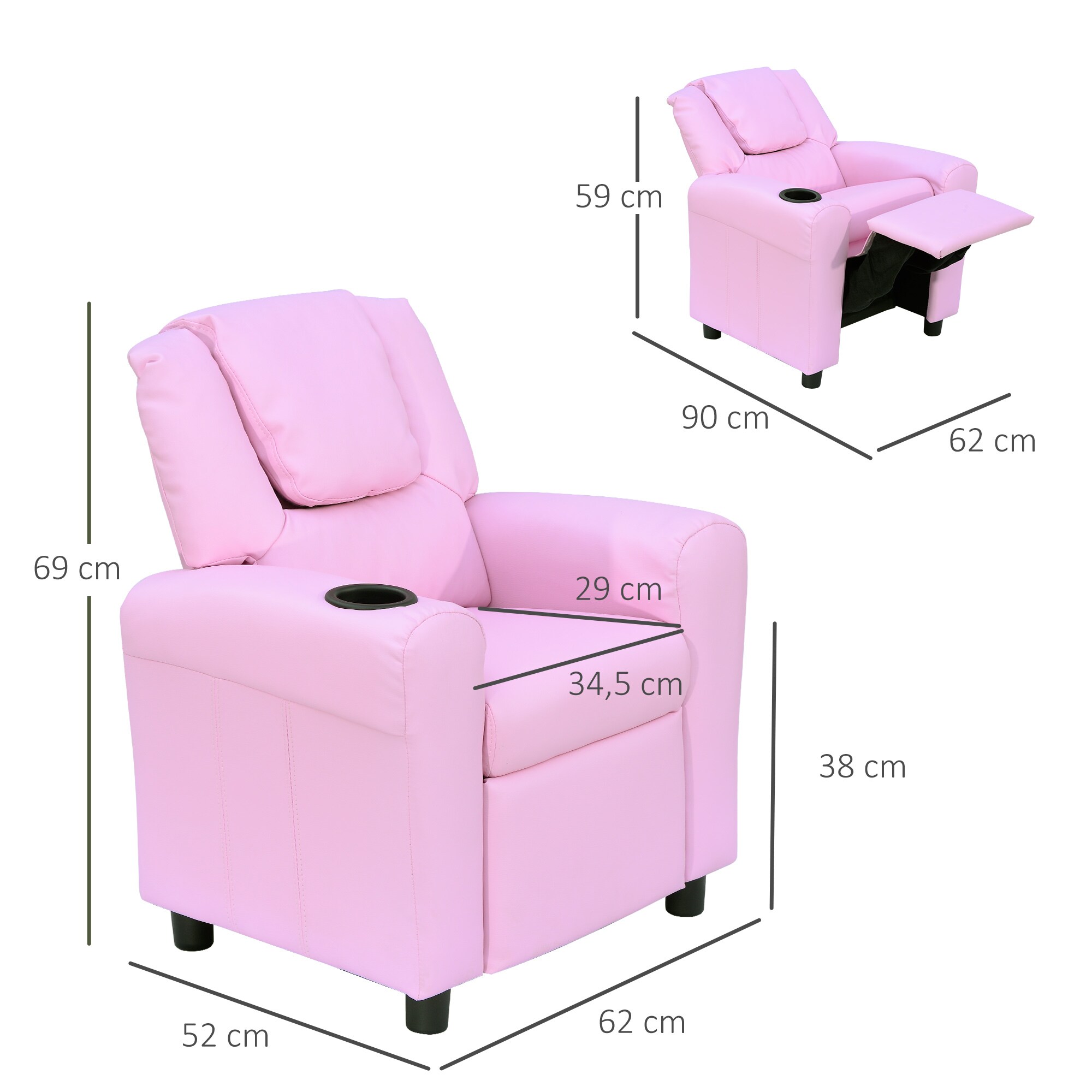 HOMCOM Kindersessel mit Liegefunktion rosa 62 x 56 x 69 cm (BxTxH)