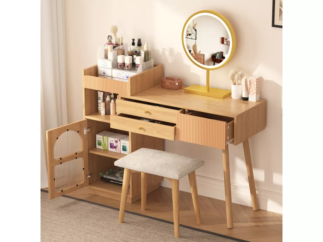 Coiffeuse avec miroir à LEDs avec 3 tiroirs et armoire latérale - Panneaux de particules - Coloris naturel