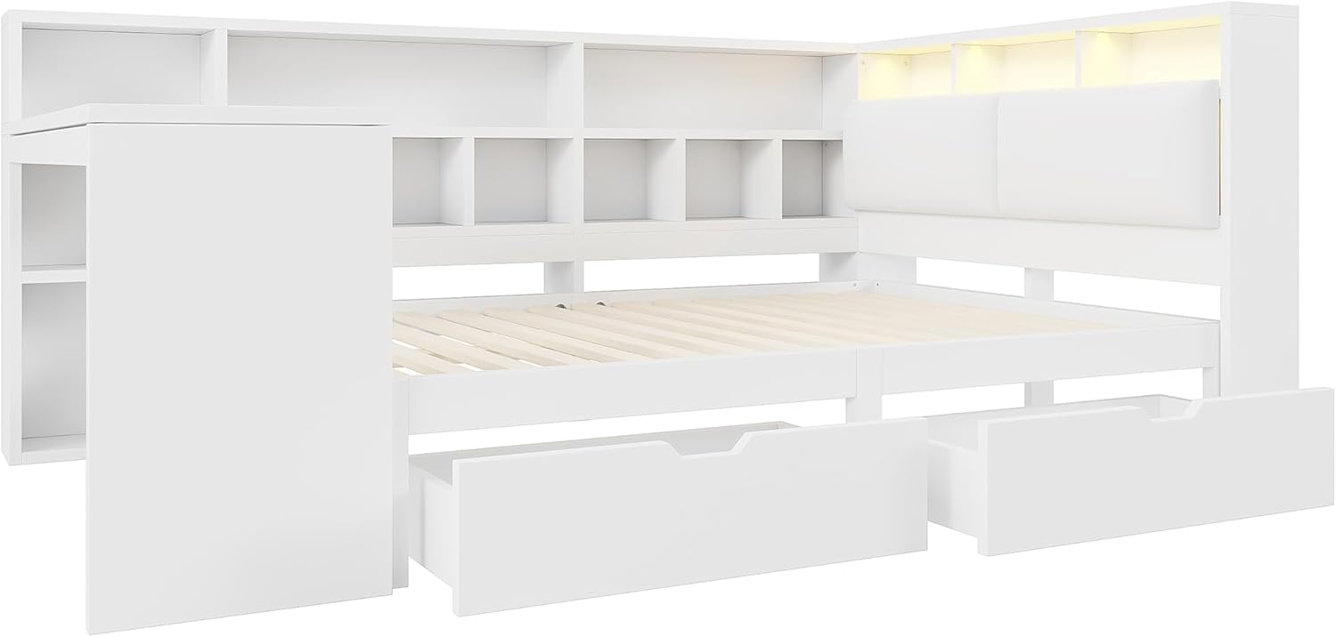 Kebnor L-förmiges Holz-Plattformbett mit Schreibtisch und Bücherregal, Eck-Kapitänsbett mit gepolstertem Kopfteil, Schubladen unter dem Bett, LED-Licht - Weiß (140x200cm)