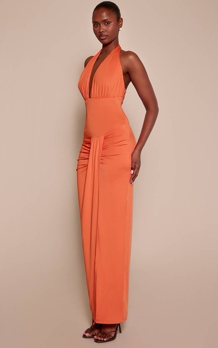 Orange Robe Longue Drapée À Corsage Bustier Plongeant