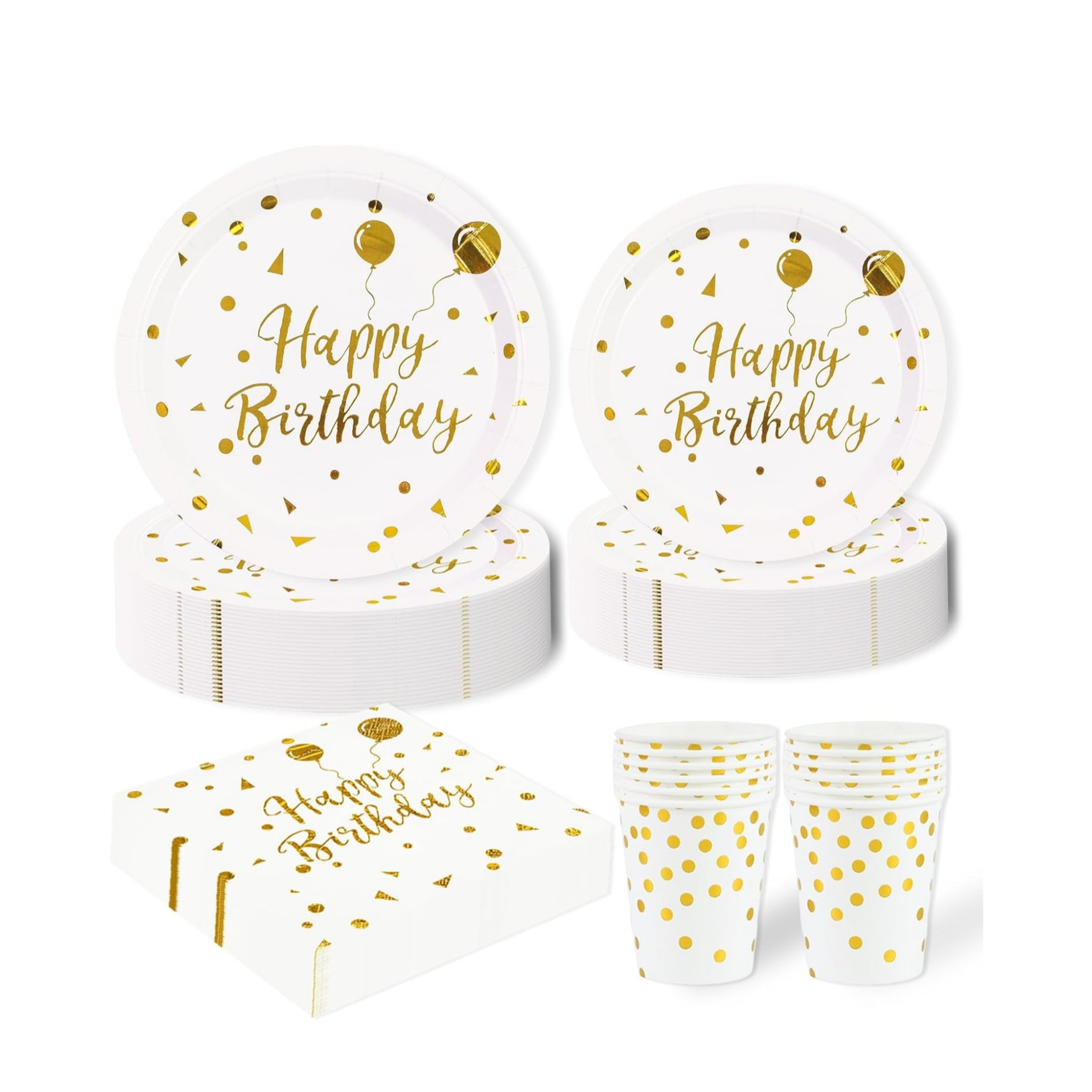 (100-tlg. Set) Happy Birthday Einweg Geschirr Geburtstags Party Tisch Deko inkl. Teller / Strohhalm / Servietten / Papp Becher - Weiss / Gold