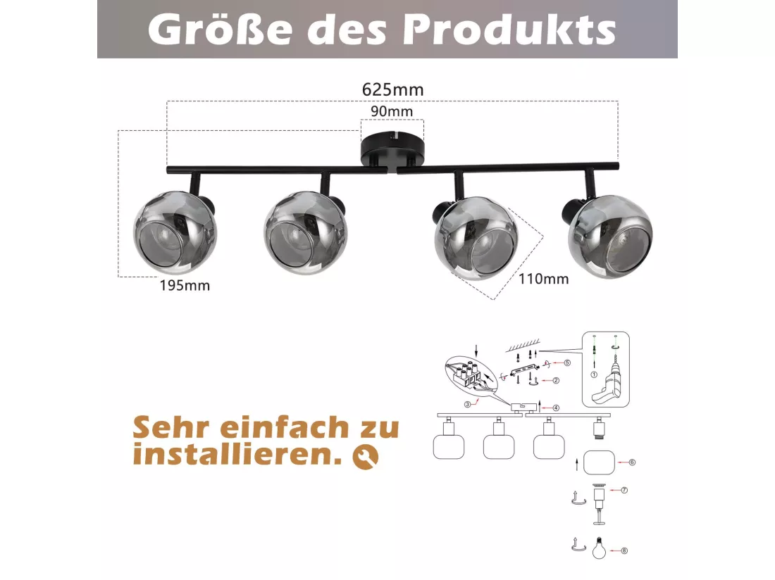 NETTLIFE Spot plafond salon vintage verre gris fumé 4 E14 orientable 350°