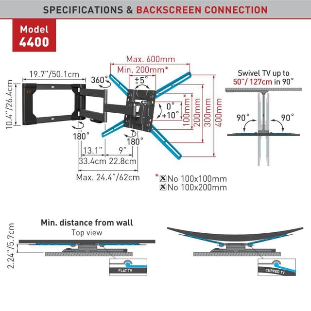 Barkan Flat/ Curved TV Wall Mount 4400 Vægmontering, Fuld bevægelse, 40-80 