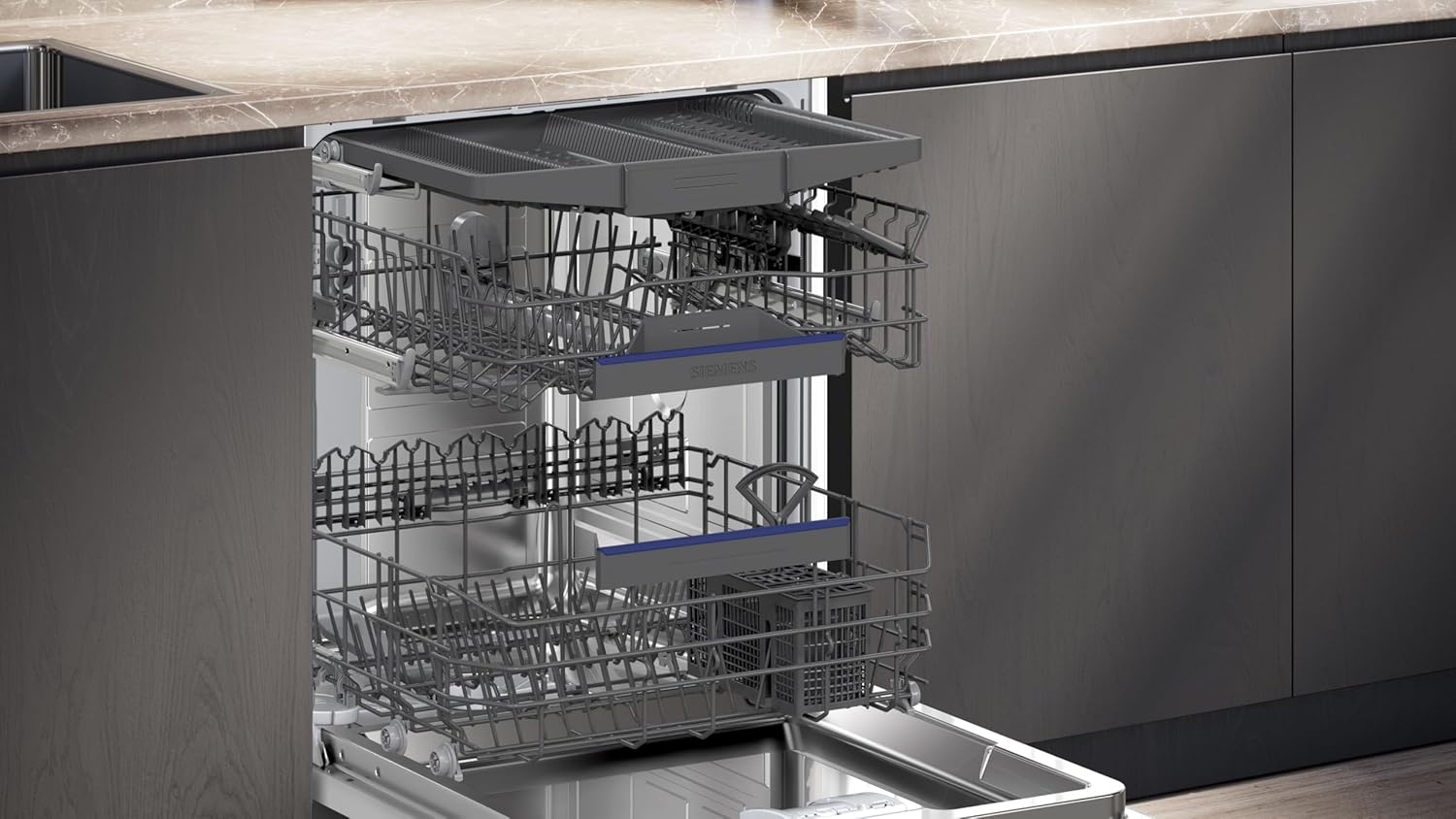 Siemens SN15ES06CS iQ500 Unterbau Geschirrspüler 60 cm, Made in Germany, Besteckschublade, sehr leise, smartStart, varioSpeed Plus, automatische Türöffnung, comfortControl, aquaStop, Gebürsteter Stahl