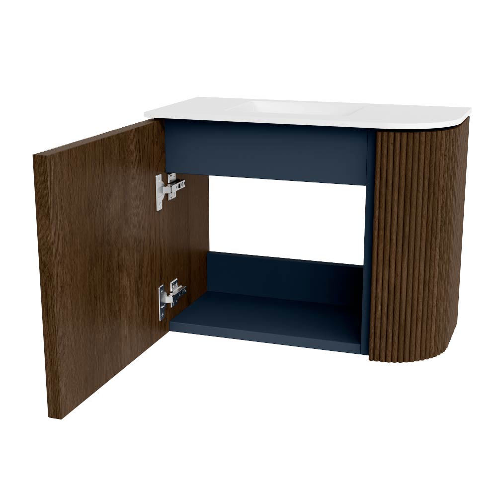Mondiaz Joya 50cm toiletmeubel ronding rechts walnut met wastafel faye links 1 kraangat talc