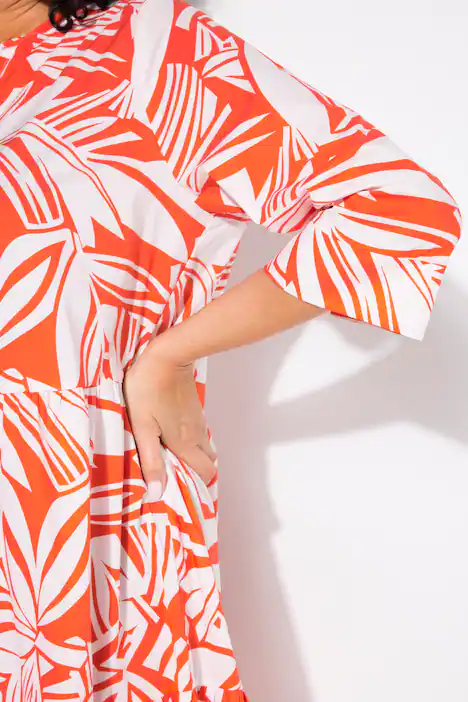 Midikleid, Blätter, Volants, Tunika-Ausschnitt, 3/4-Arm, paprika