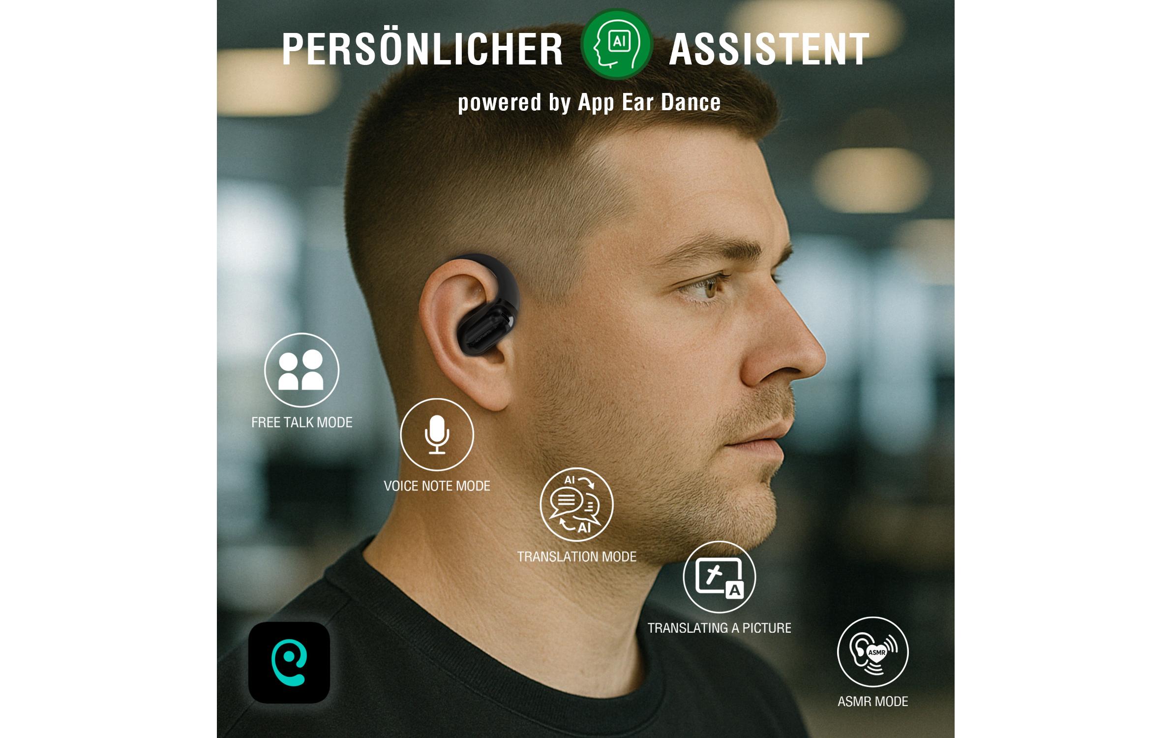 Open-Ear Bluetooth Kopfhörer SkyBuds AI Screen, SchwarzOffene, kabellose Bluetooth-Kopfhörer mit smarter Ladeschale