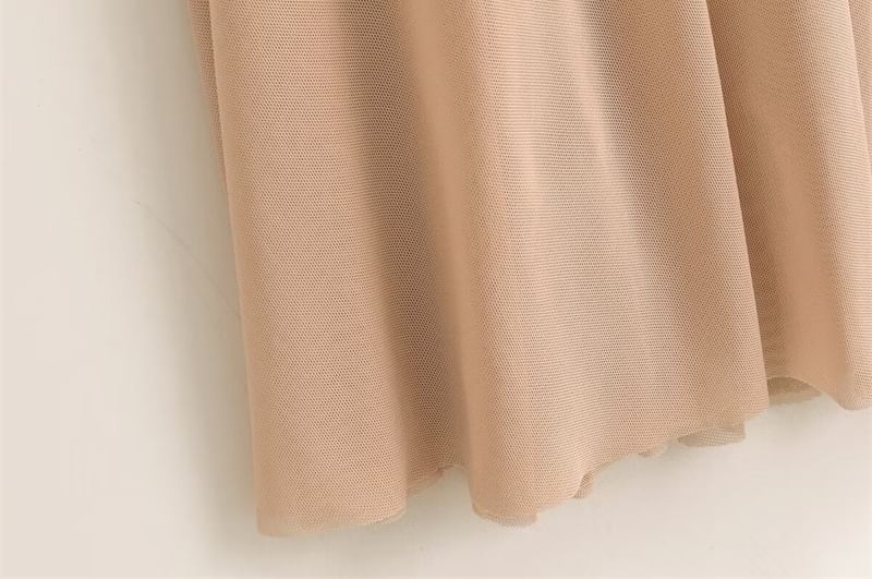 Larlige - Off-Shoulder Effen Geplooide Mesh Maxi A-lijn Jurk met Striksluiting