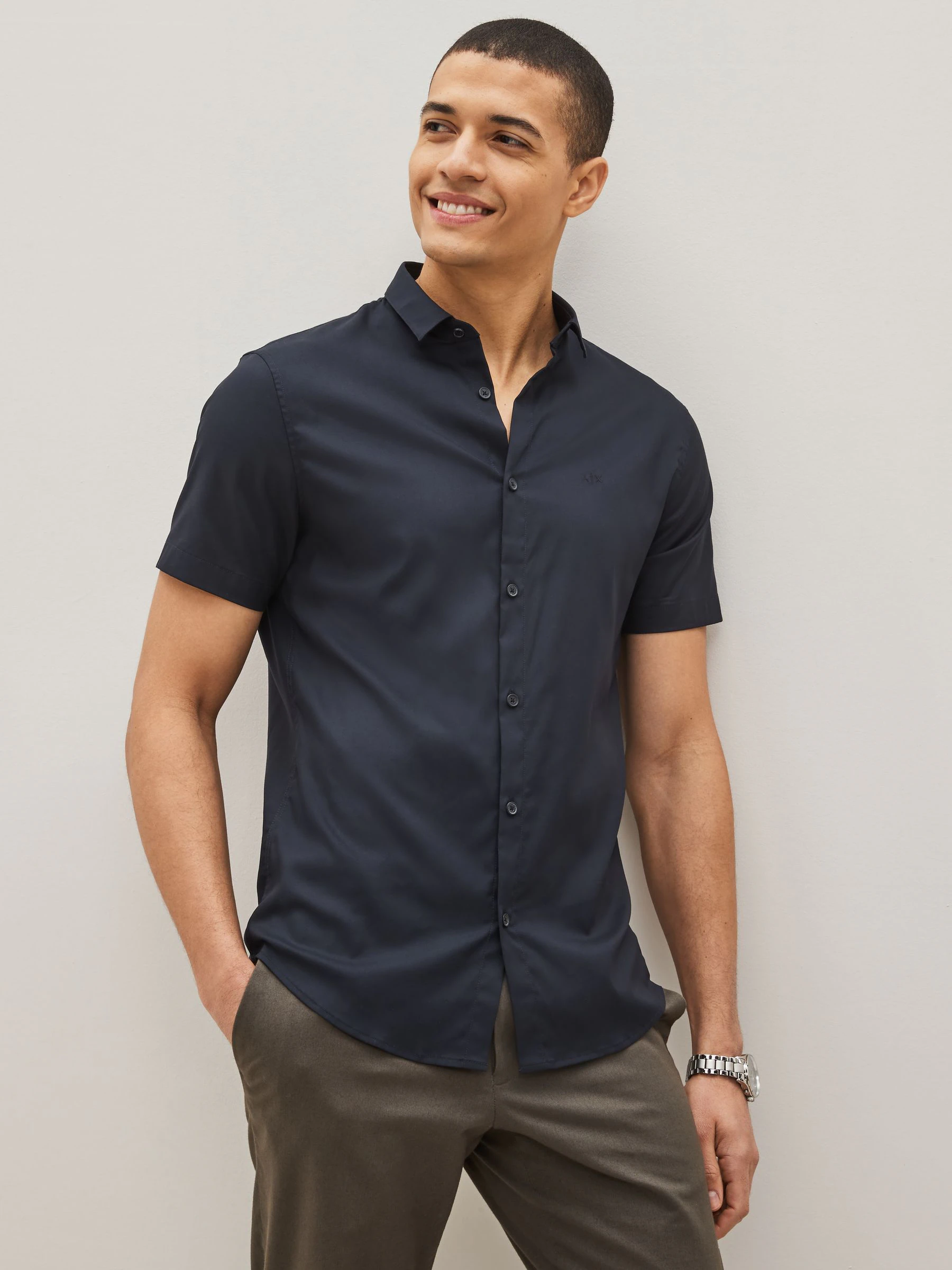 Marineblauw - Armani Exchange stretchoverhemd met korte mouwen