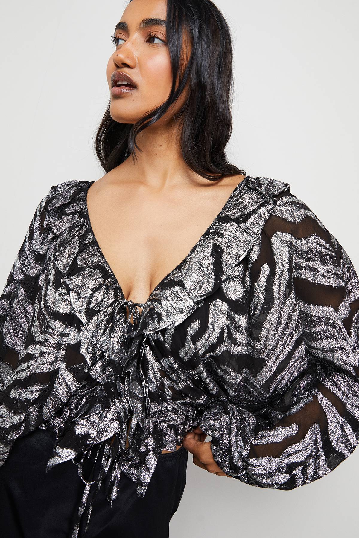 Warehouse Blouse en Viscose à Motif Zèbre Jacquard Métallisé