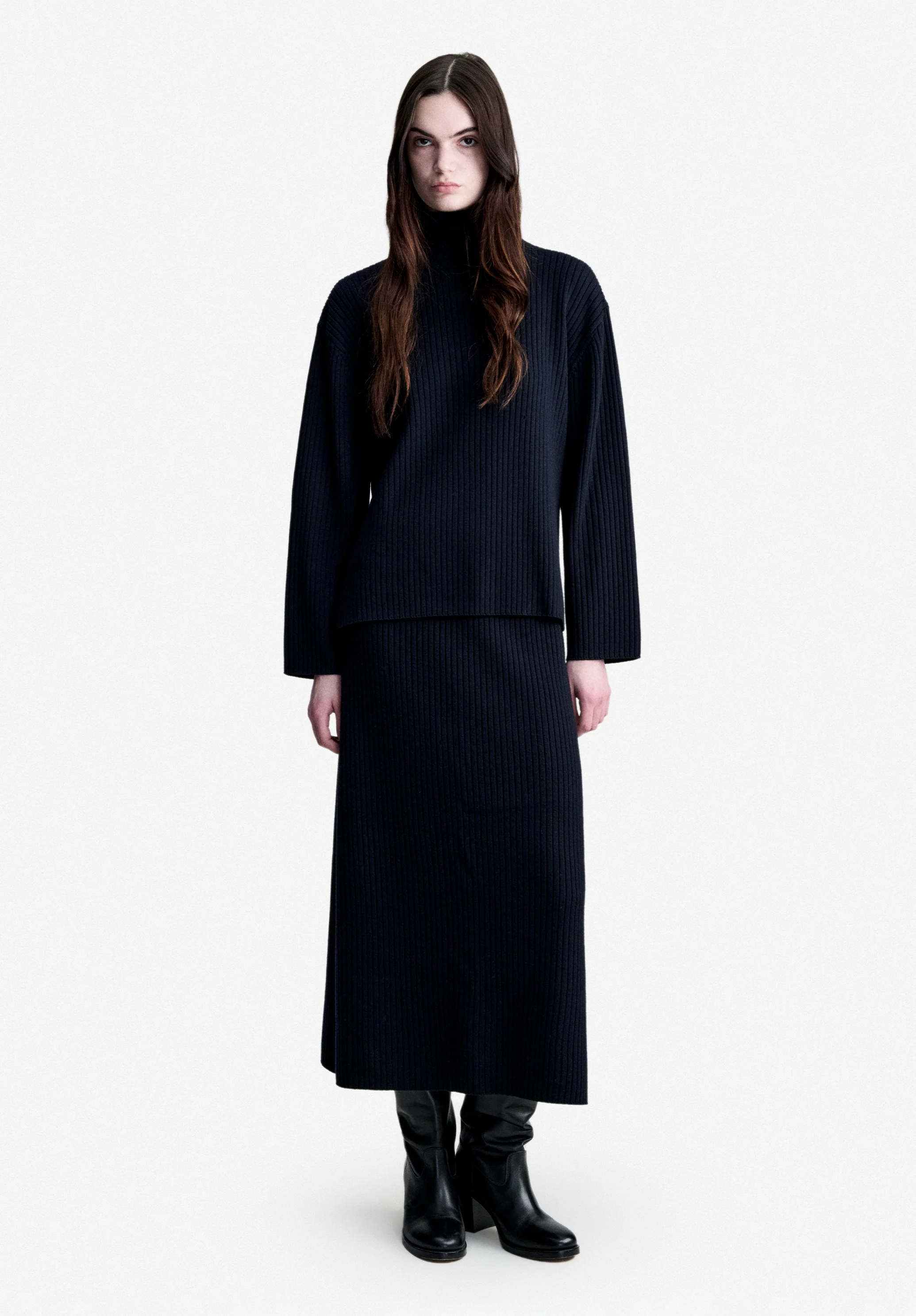 Jupe longue en laine mérinos bleu marine - Dark navy