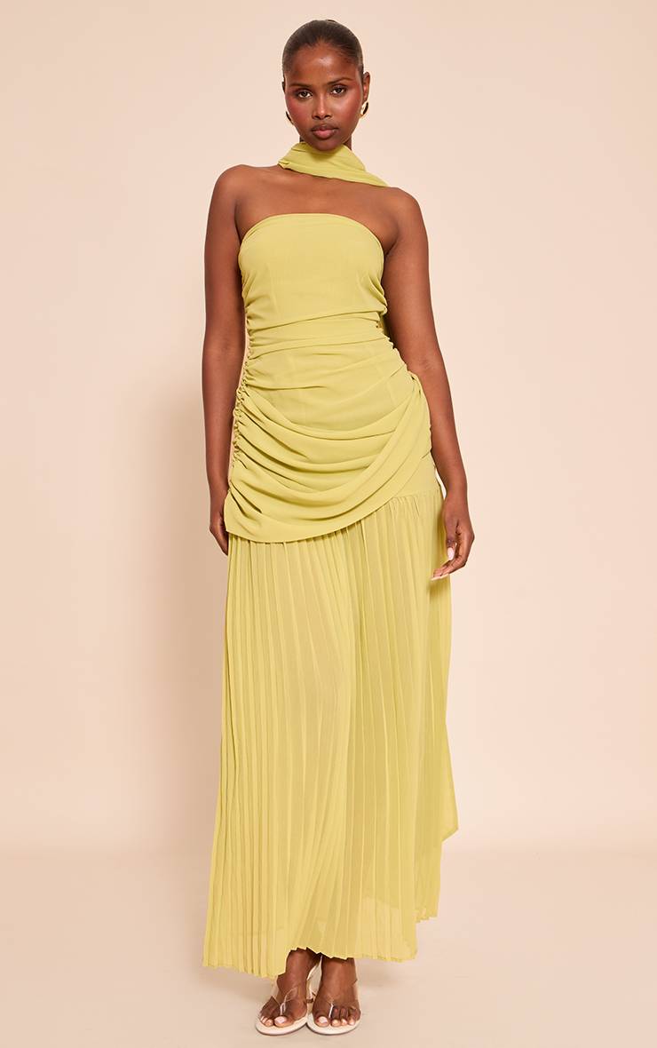 Citron Vert Robe Longue Froncée Bandeau Avec Détail Foulard En Mousseline