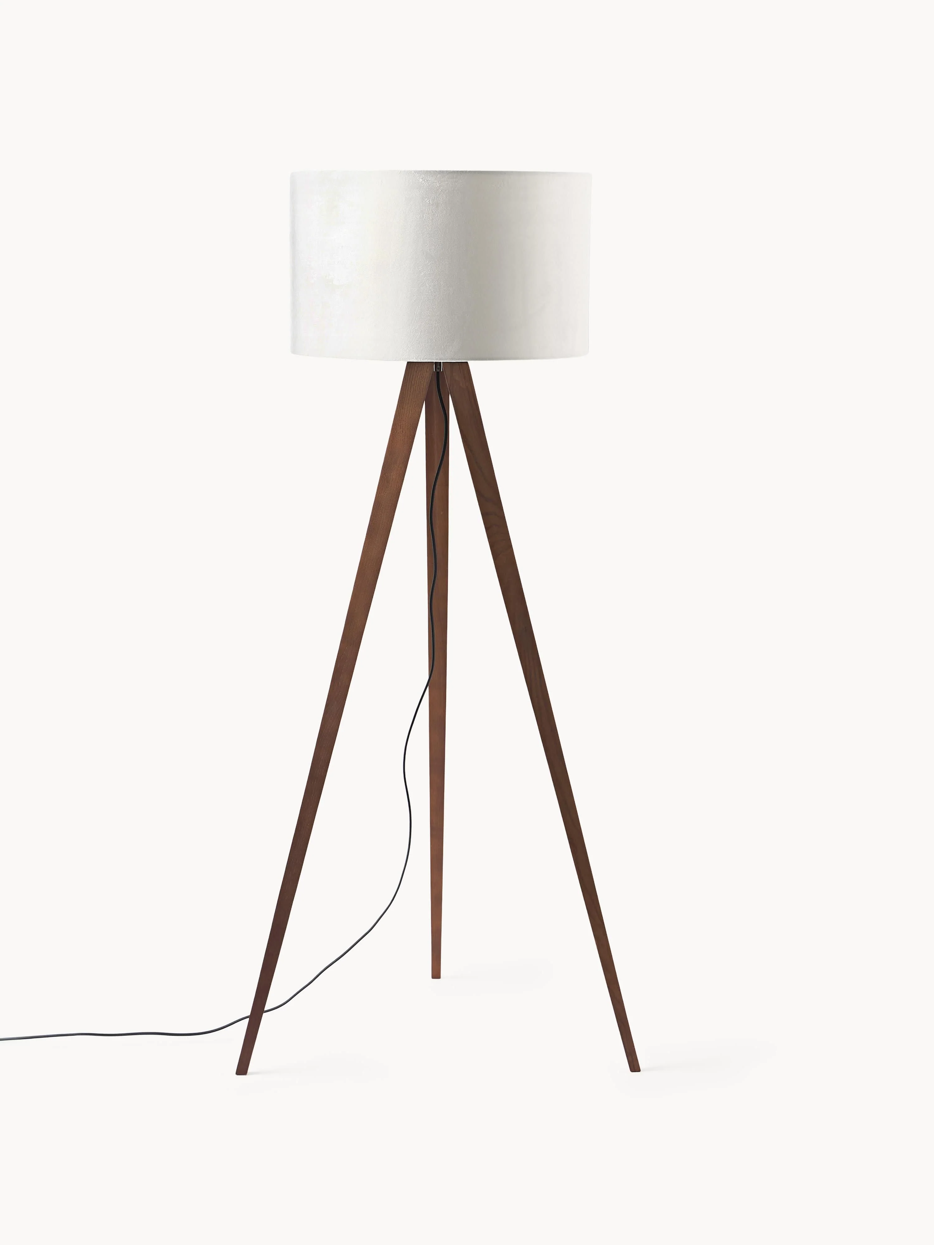 Tripod vloerlamp Jake van massief hout met fluwelen lampenkap