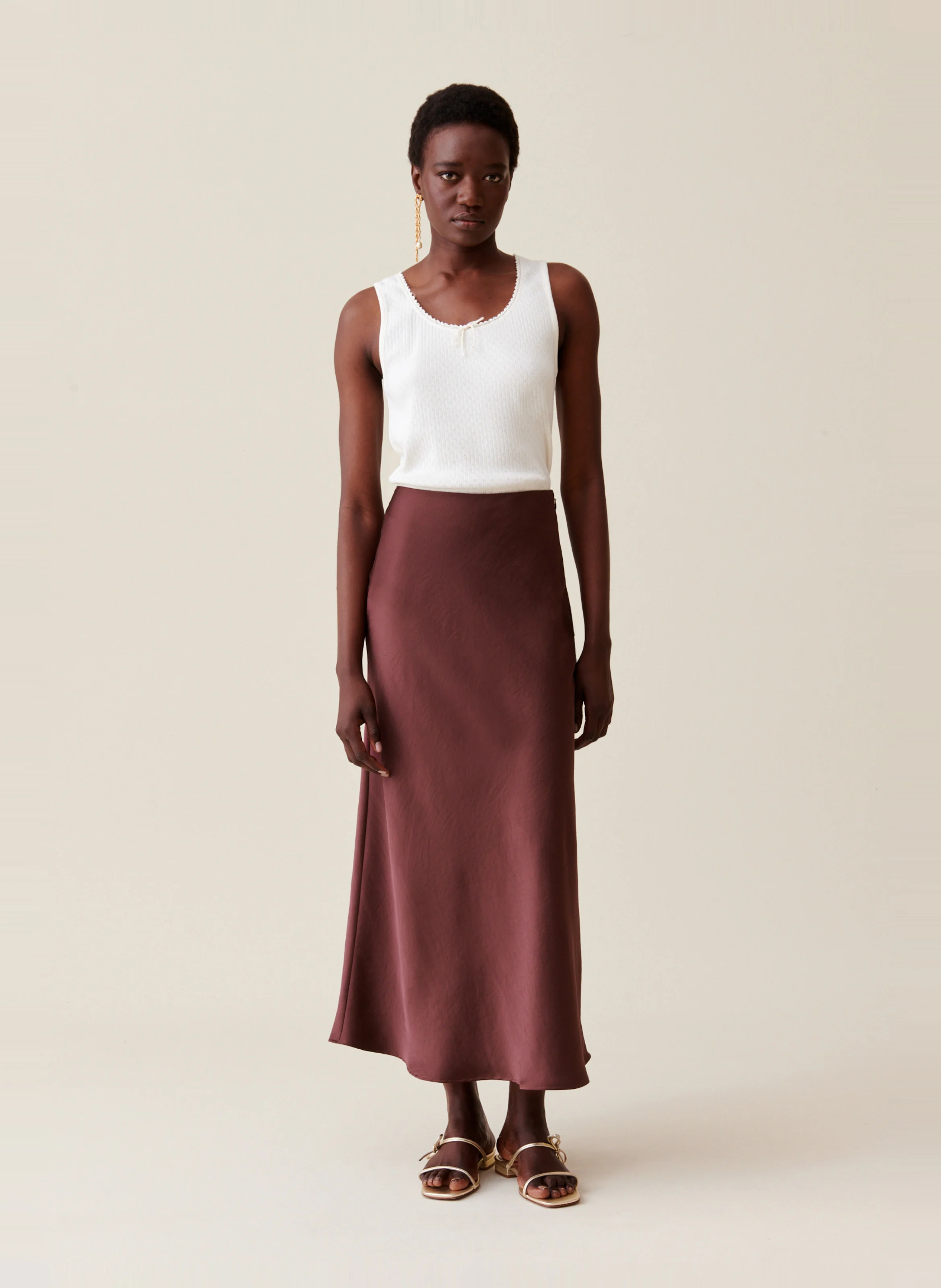 Jupe longue fluide satinée| Marron