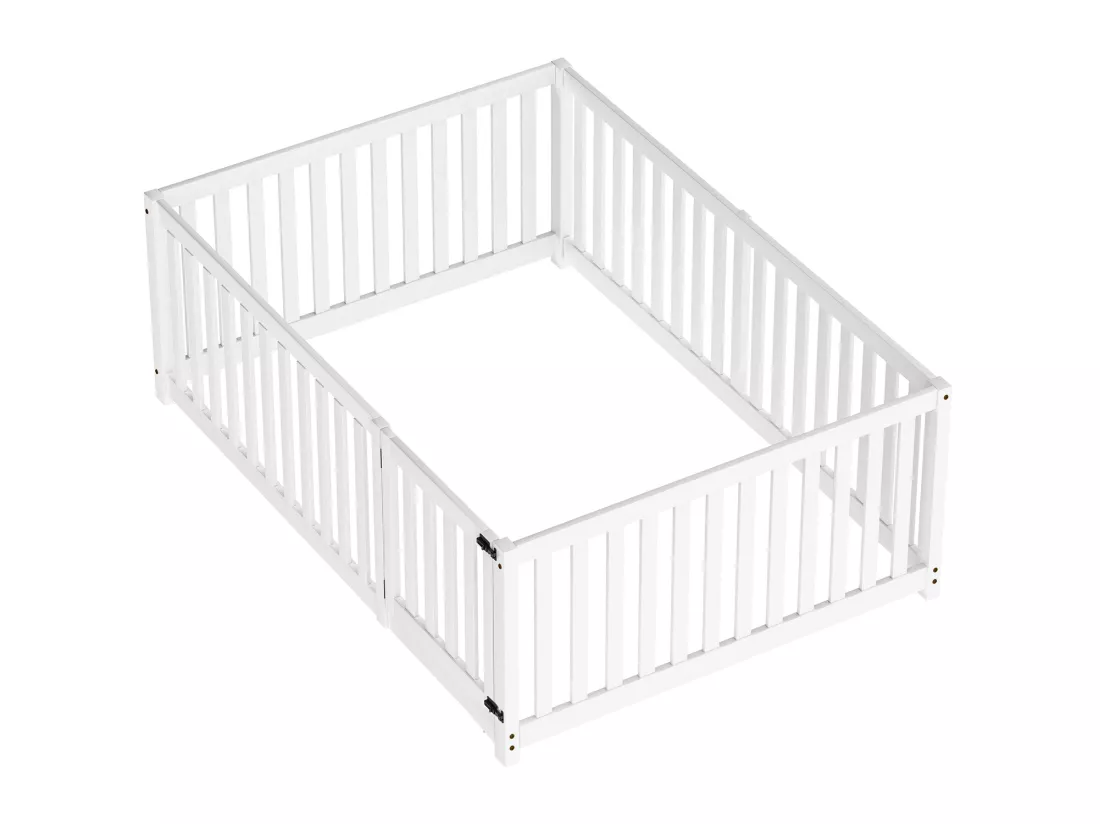 Lit bébé 140 x 200 cm sol en bois Cadre de lit avec clôture et porte, blanc