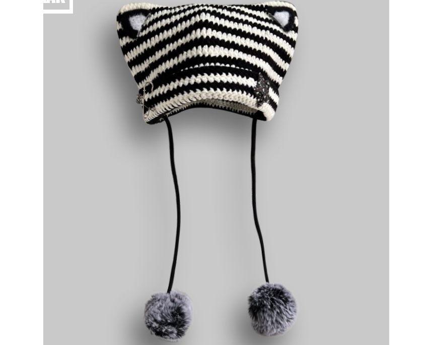 TAAK - Gestreepte kattenoor-pomponmuts