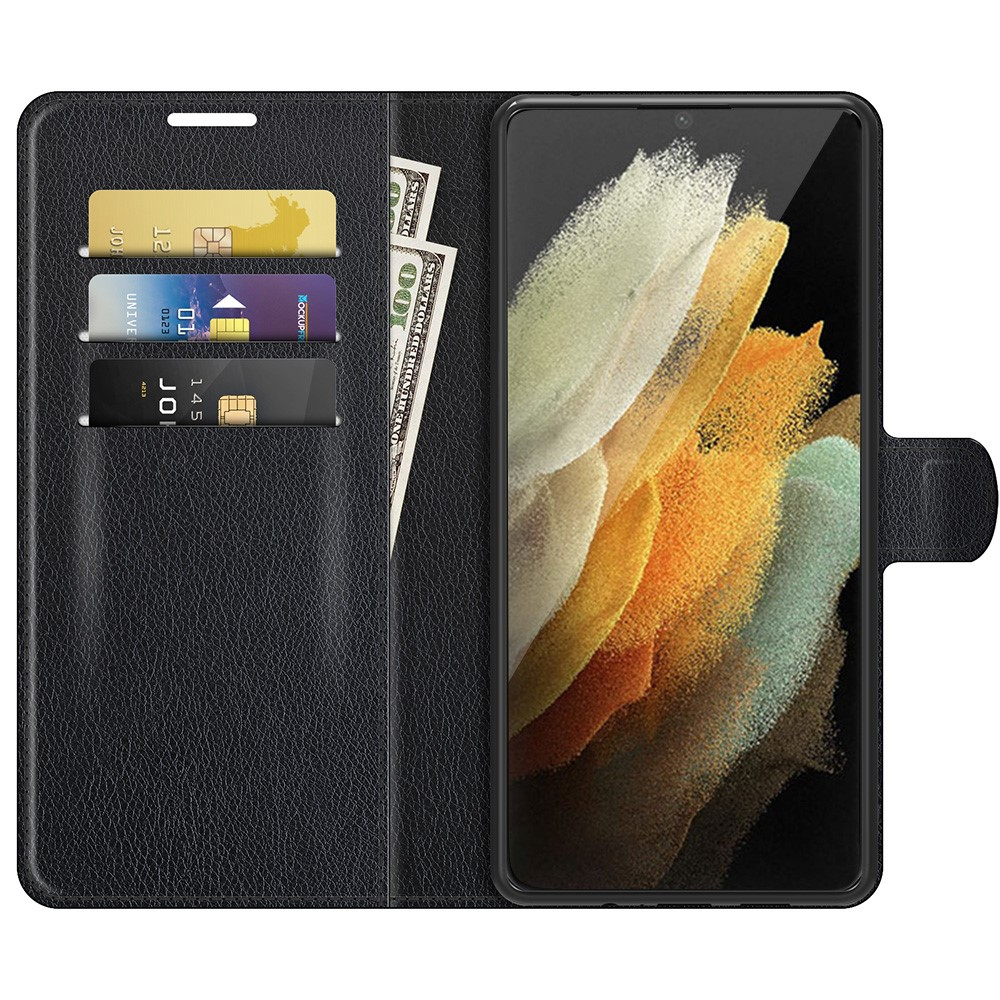 Samsung Galaxy S22 Ultra 5G Leder Tasche Flip Cover Litchi Look - Schwarz