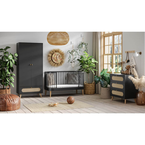 Chambre TRIO Lit 70x140 PARIS Commode Armoire CANNE Noir - VOX