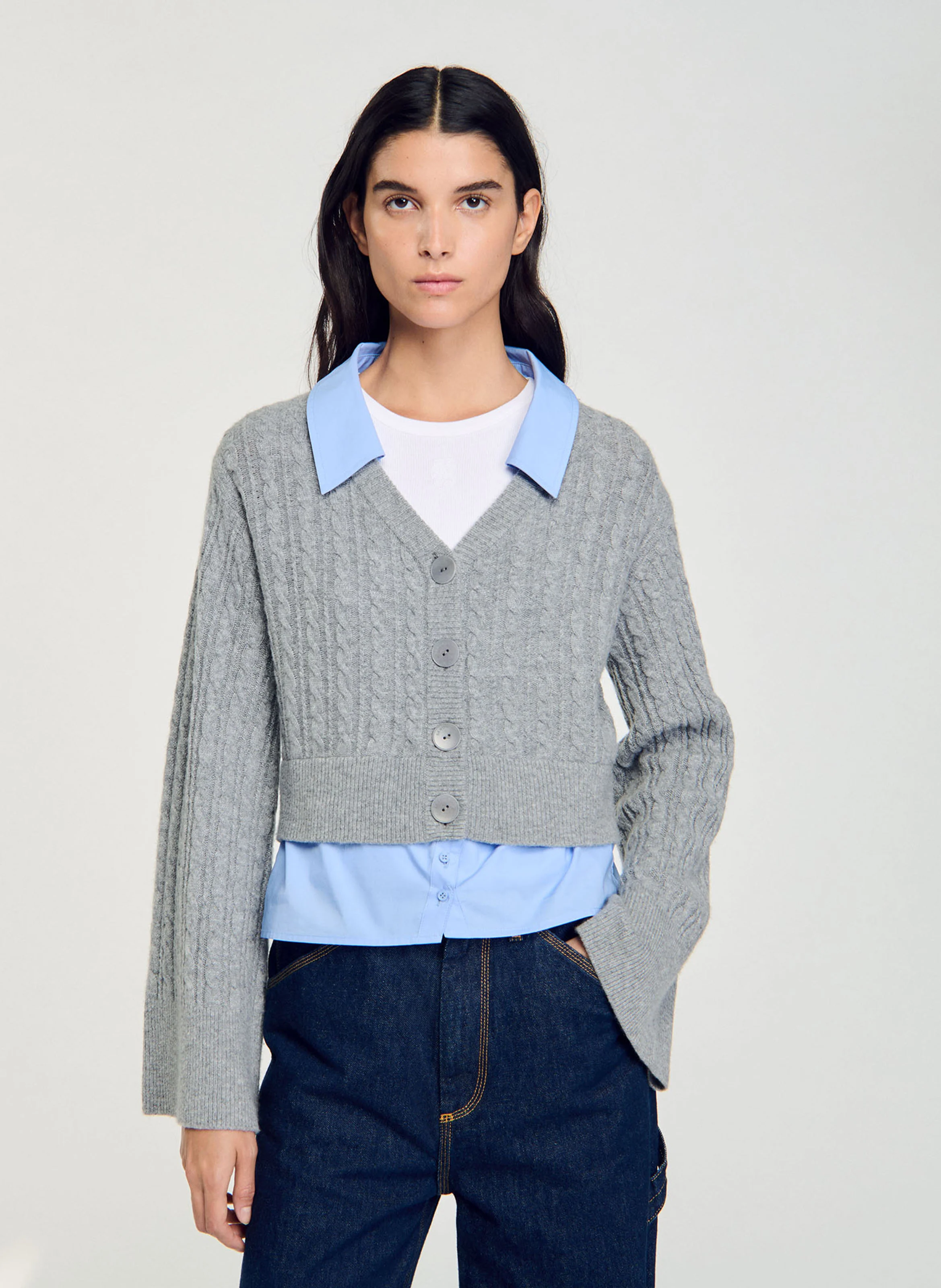 Pull col chemise en laine mélangée | Gris