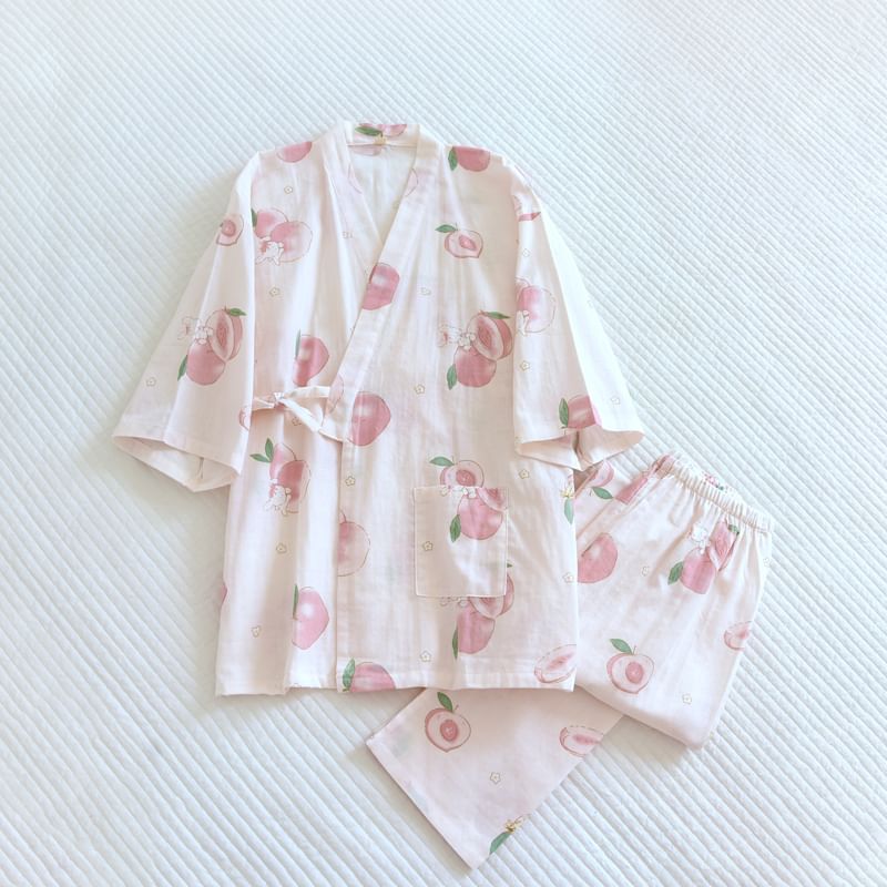 Finlies - Pyjamaset: Kimonotop met korte mouwen en perzikprint + broek