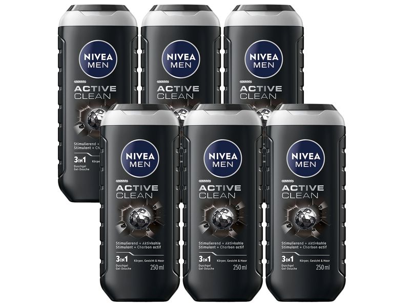 NIVEA MEN Duschgel Active Clean 6 x 250 ml Pflegedusche für Männer mit natürlicher Aktivkohle reinigt schonend und gründlich