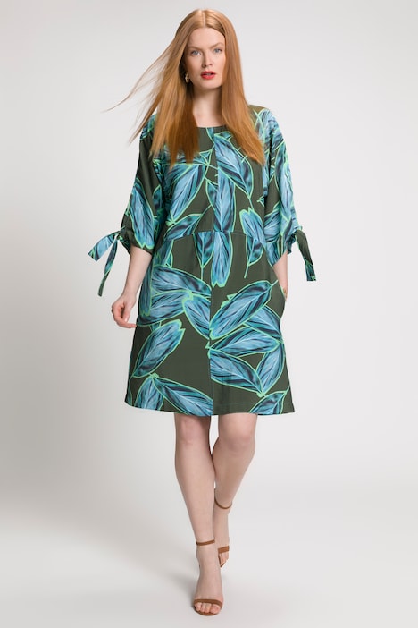 Midikleid, Blätter, A-Linie, Rundhals, 3/4-Fledermausarm