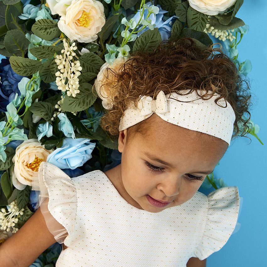Ensemble de cérémonie robe en jacquard + bandeau pour bébé fille - Ecru