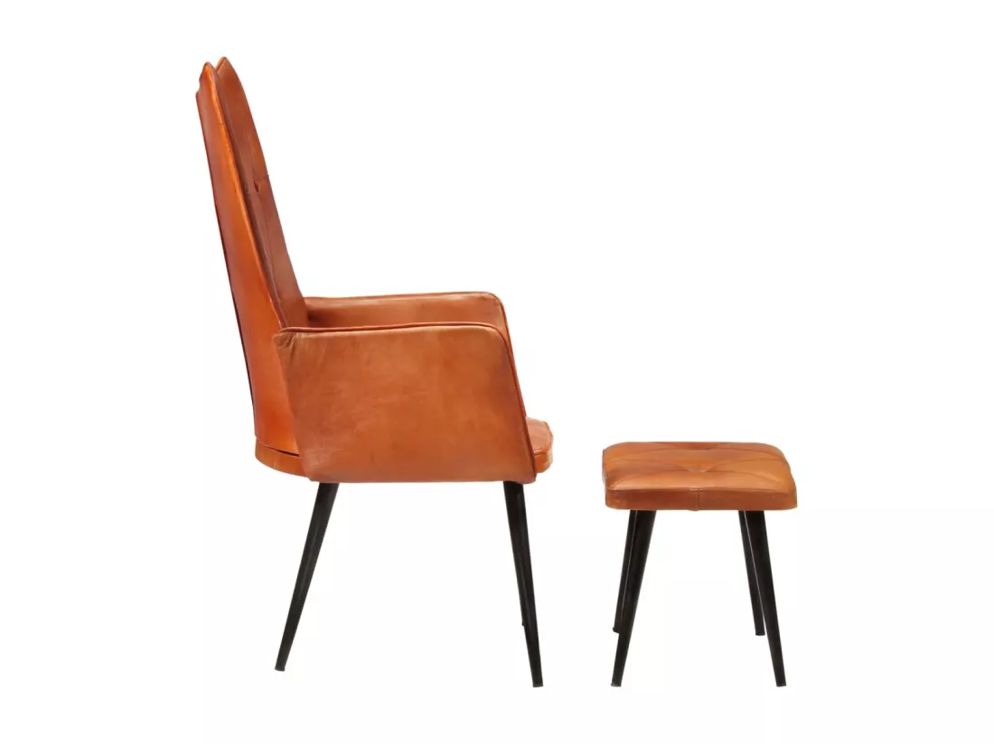 Fauteuil à oreilles avec repose-pied Brun roux Cuir véritable