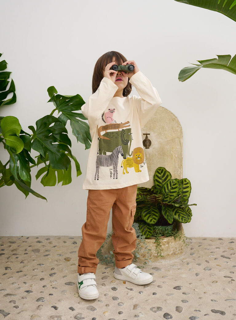 T-shirt écru imprimé et brodé savane pour garçon