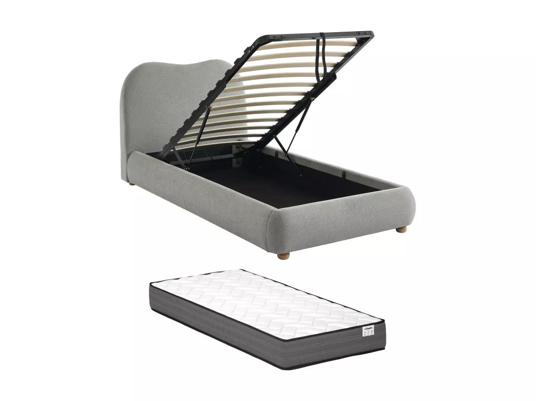 Lit coffre 90 x 190 cm - Tissu - Gris clair + Matelas - VANARI