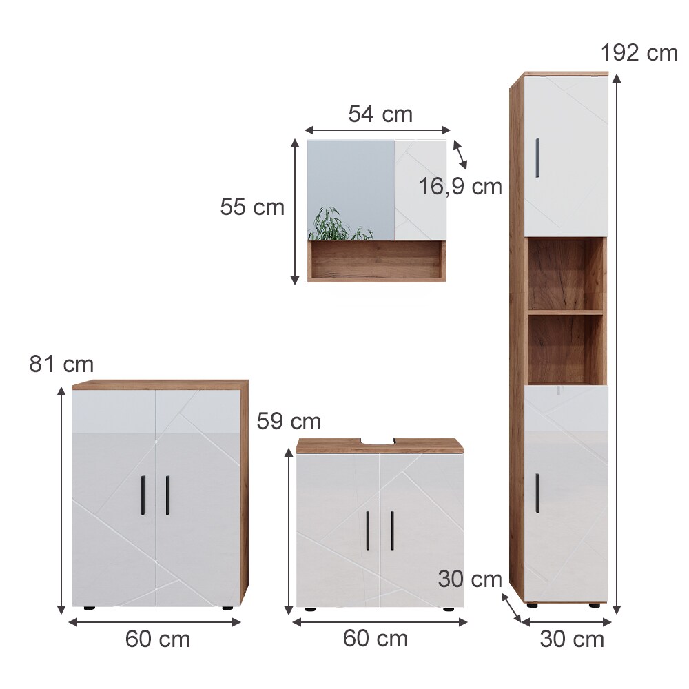 Vicco Badmöbelset Irma Eiche Weiß Hochglanz modern Badezimmerschrank Badschrank Badezimmermöbel Waschtischunterschrank Spiegelschrank Hochschrank Kommode Schranktür Schrankfach
