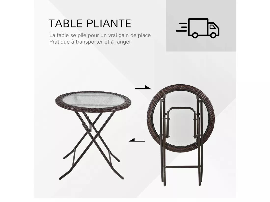 Table ronde bistro de jardin pliable dim. Ø 68 x 73H cm métal époxy résine tressée chocolat plateau verre trempé