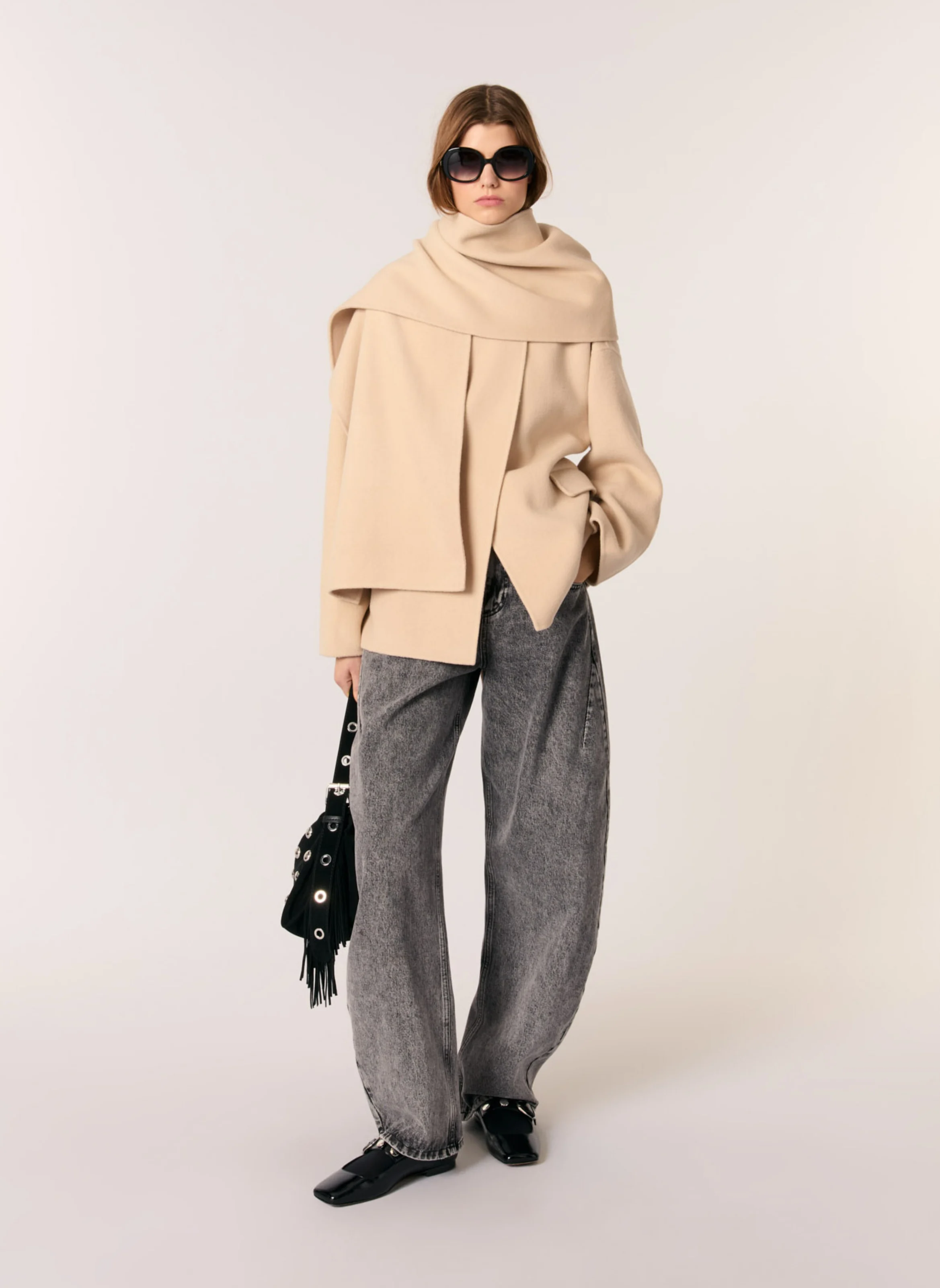 Manteau écharpe intégrée en laine mélangée| Beige
