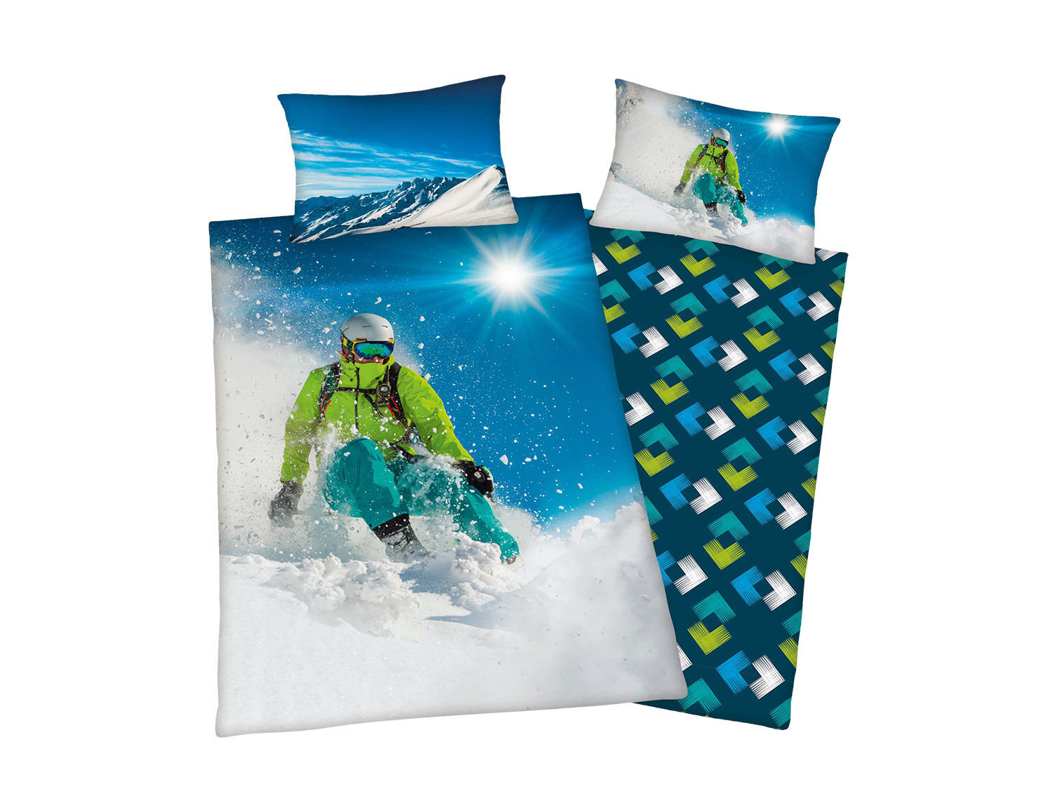 Bettwäsche mit Skifahrer im Tiefschnee